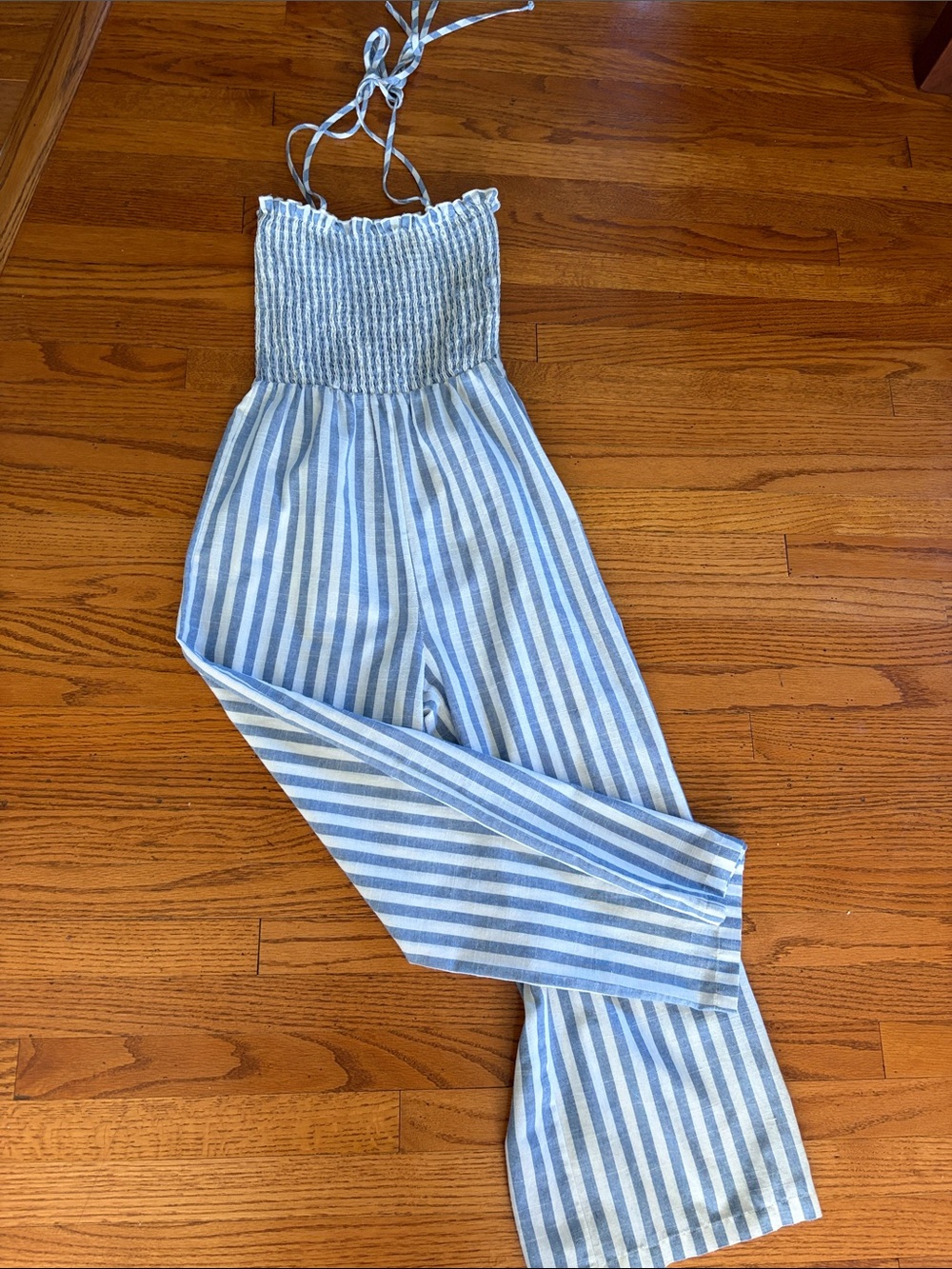 Striped Smocked Halter Jumpsuit in Light Blue and White SHEIN Size XS